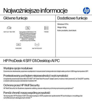 HP ProDesk 4 SFF G1i Desktop AI PC Intel Core Ultra 7 265 16 GB DDR5-SDRAM 1 TB SSD Windows 11 Pro Black
