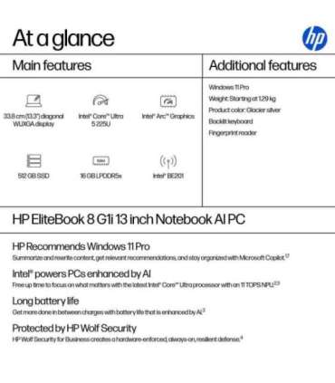 HP EliteBook 8 G1i 13 - Ultra 5-225U, 16GB, 512GB SSD, 13.3 WUXGA 300-nit AG, 5MP IR cam, WWAN-ready, Smartcard, FPR, US back