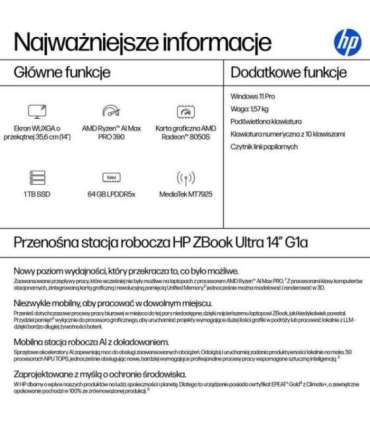 HP ZBook Ultra 14 G1a Ryzen AI Max PRO 390 14.0"WUXGA IPS 400nits AG 64GB LPDDR5x-8533 SSD1TB Radeon 8050S Cam IR 5 MPx