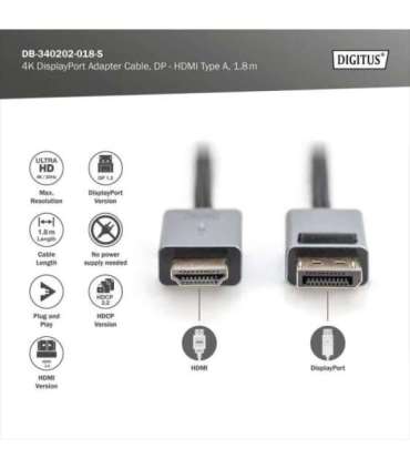 Digitus 4K DisplayPort Adapter Cable, DP - HDMI Type A DB-340202-018-S 1.8 m