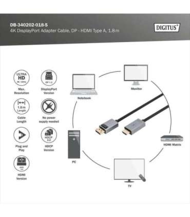 Digitus 4K DisplayPort Adapter Cable, DP - HDMI Type A DB-340202-018-S 1.8 m