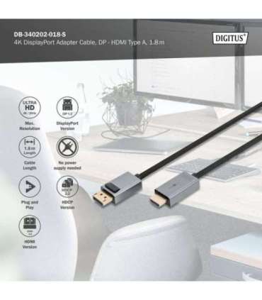 Digitus 4K DisplayPort Adapter Cable, DP - HDMI Type A DB-340202-018-S 1.8 m