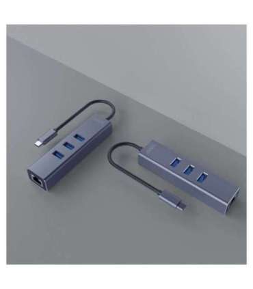 Savio AK-57 USB-C - 3 x USB-A HUB with RJ-45 Gigabit Ethernet adapter, 5000 Mbit/s, grey