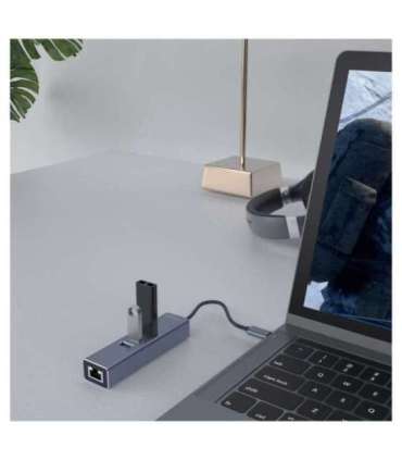 Savio AK-57 USB-C - 3 x USB-A HUB with RJ-45 Gigabit Ethernet adapter, 5000 Mbit/s, grey