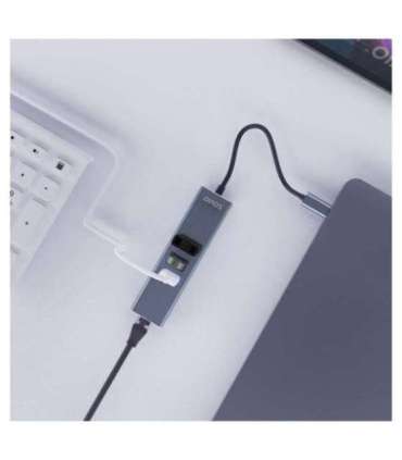 Savio AK-57 USB-C - 3 x USB-A HUB with RJ-45 Gigabit Ethernet adapter, 5000 Mbit/s, grey