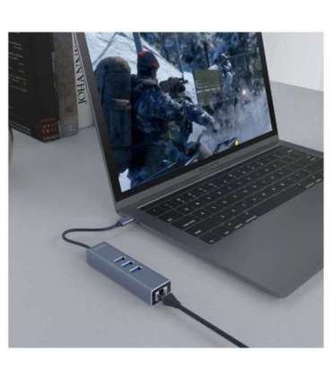 Savio AK-57 USB-C - 3 x USB-A HUB with RJ-45 Gigabit Ethernet adapter, 5000 Mbit/s, grey