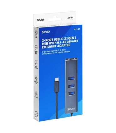 Savio AK-57 USB-C - 3 x USB-A HUB with RJ-45 Gigabit Ethernet adapter, 5000 Mbit/s, grey