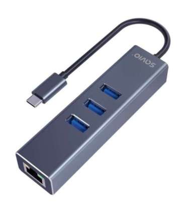 Savio AK-57 USB-C - 3 x USB-A HUB with RJ-45 Gigabit Ethernet adapter, 5000 Mbit/s, grey