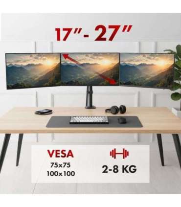 Maclean 3 monitor mount, gas spring, 17"-27", 2-8kg, black, MC-137