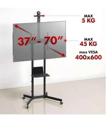 Maclean TV stand / cart, camera shelf, on wheels, 37-70", max load 45kg/5kg shelf, max. VESA 600x400, MC-113 B
