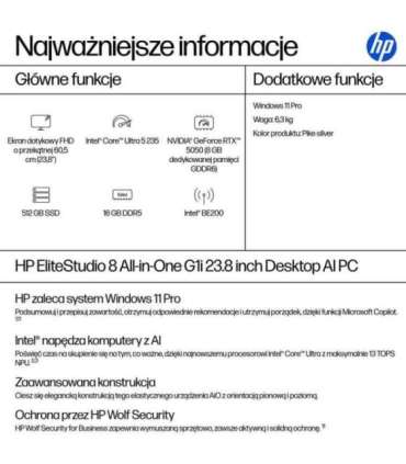 HP EliteStudio 8 AiO G1i Ultra 5 235 23.8"FHD Touch IPS 300nits LBL AG 16GB DDR5 5600 SSD512 Intel Graphics Cam 5MP