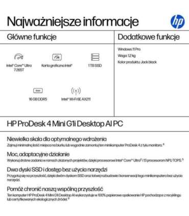 HP ProDesk 4 G1i AI PC Intel Core Ultra 7 265T 16 GB DDR5-SDRAM 1 TB SSD Windows 11 Pro Mini PC Black