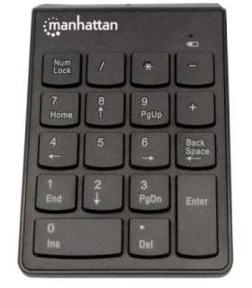 Manhattan Numeric Keypad, Wireless (2.4GHz), USB-A Micro Receiver, 18 Full Size Keys, Black, Membrane Key Switches, Auto