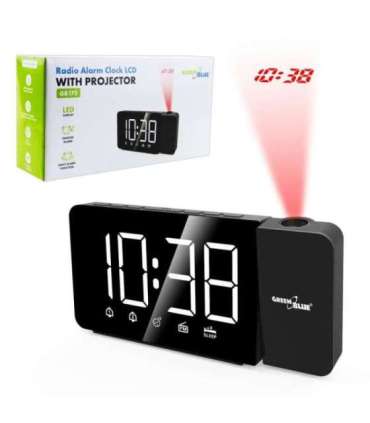 Digital LED clock radio with GreenBlue projector, FM radio, alarm, 12/24 clock, 5V DC USB power supply + CR2032, GB172