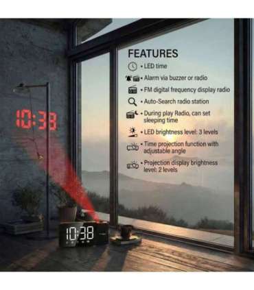 Digital LED clock radio with GreenBlue projector, FM radio, alarm, 12/24 clock, 5V DC USB power supply + CR2032, GB172