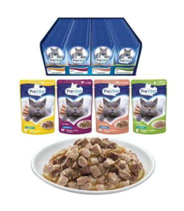 PREVITAL Cat Food Mix 4 Flavors Chicken, Veal, Salmon, Poultry – wet cat food – 96 x 100 g