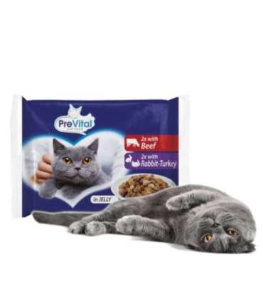 PREVITAL Beef and rabbit with turkey in jelly – wet cat food – 4 x 100g