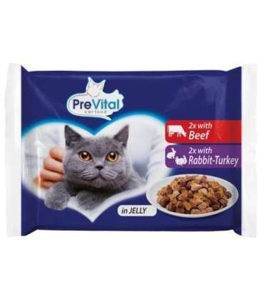 PREVITAL Beef and rabbit with turkey in jelly – wet cat food – 4 x 100g