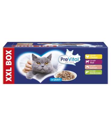 PREVITAL XXL BOX Flavor Mix with Chicken, Veal, Salmon, and Liver in Gravy - Wet Cat Food - 48 x 100g