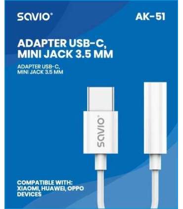 USB Type 3.1 C (M) – Jack 3.5mm (F) Audio adapter White SAVIO AK-51