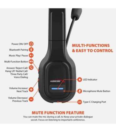 Audiocore 74452 Bluetooth Headset Headphone Noise Reuction Microphone Call CenterGoogle Siri Office Wireless