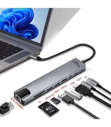 MEDIA-TECH USB HUB 8 IN 1 GIGA LAN HUB MT5046