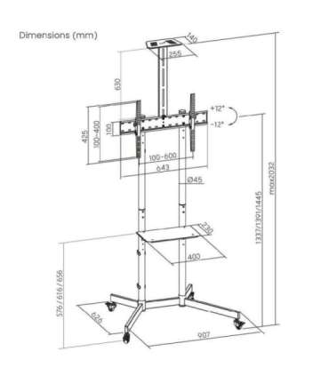 Maclean TV stand / cart, camera shelf, on wheels, 37-70", max load 45kg/5kg shelf, max. VESA 600x400, MC-113 B