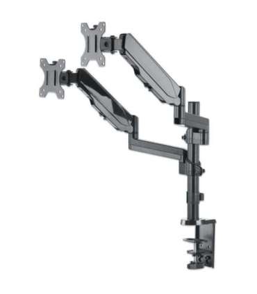 Manhattan TV & Monitor Mount, Desk, Full Motion (Gas Spring), 2 screens, Screen Sizes: 10-27", Black, Clamp or Grommet