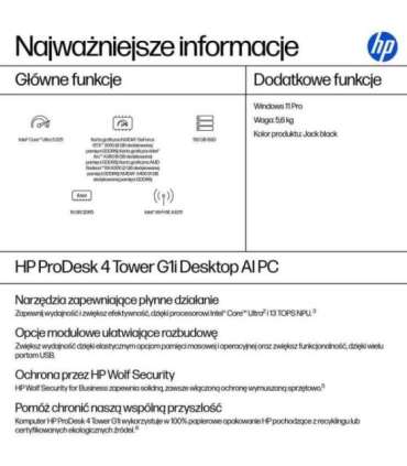 HP ProDesk 4 Tower G1i Desktop AI PC Intel Core Ultra 5 225 16 GB DDR5-SDRAM 512 GB SSD Windows 11 Pro Black