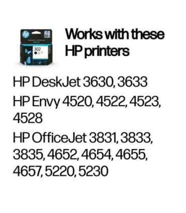 HP 302 Black Ink Cartridge, 190 pages, for HP OfficeJet 3830,3834,4650, DeskJet 2130,3630,1010, Envy 4520