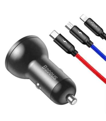 Baseus Car Charger with display 24W + Cable USB 3in1 Baseus Three Primary Colors 1,2m