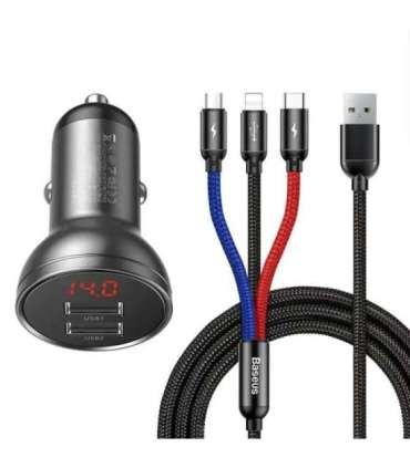 Baseus Car Charger with display 24W + Cable USB 3in1 Baseus Three Primary Colors 1,2m