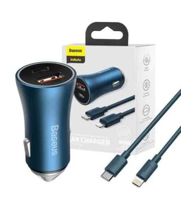 Baseus Golden Contactor Pro car charger, USB + USB-C, QC4.0+, PD, SCP, 40W (blue) + USB-C - Lightning cable 1m (blue)