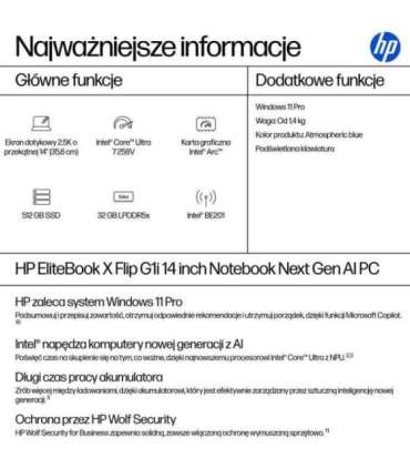 HP EliteBook X G1i Flip Ultra 7 258V 14"2.5K Touch 800nits 120Hz AG 32GB LPDDR5x-8533 SSD512 Intel Arc Cam IR 5 Mpx AI