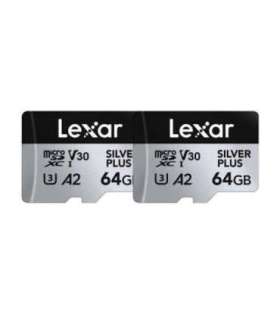 Set of 2 Lexar High-Performance Silver Plus microSDXC 2x64GB memory cards + adapter