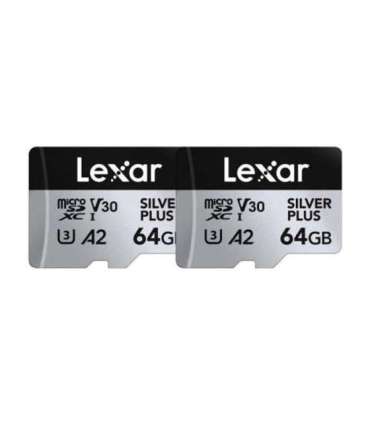 Set of 2 Lexar High-Performance Silver Plus microSDXC 2x64GB memory cards + adapter