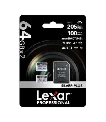 Set of 2 Lexar High-Performance Silver Plus microSDXC 2x64GB memory cards + adapter