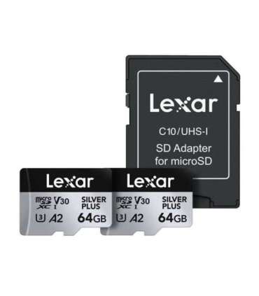 Set of 2 Lexar High-Performance Silver Plus microSDXC 2x64GB memory cards + adapter