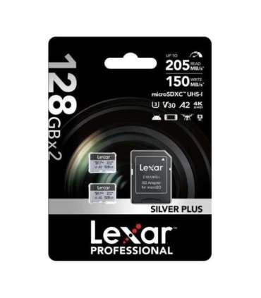 Set of 2 Lexar High-Performance Silver Plus microSDXC 2x128GB memory cards + adapter