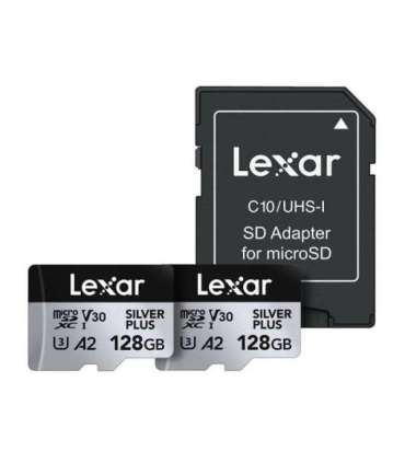 Set of 2 Lexar High-Performance Silver Plus microSDXC 2x128GB memory cards + adapter