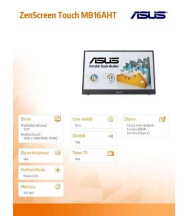 Monitor ZenScreen Touch 15.6 inch MB16AHT FHD (1920 x 1080), IPS, 10-point touch, Mini-HDMI, ergo kickstand, tripod socket,