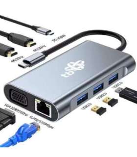 HUB 8in1 Adapter USB C HDMI x2 USB VGA RJ45 PD