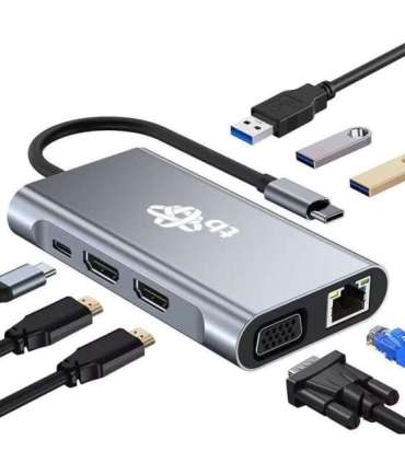 HUB 8in1 Adapter USB C HDMI x2 USB VGA RJ45 PD