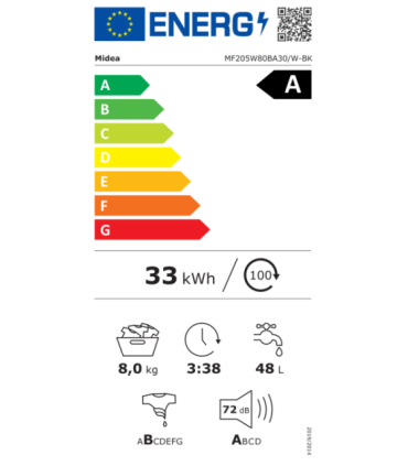 Midea Washing Machine MF205W80BA30/W-BK Energy efficiency class A Front loading Washing capacity 8 kg 1400 RPM