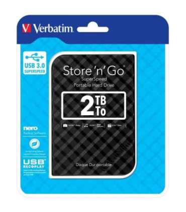 Verbatim 53195 Store "n" Go USB 3.0 Hard Drive, 2 TB, USB 3.2 Gen II, 5400 RPM, Black