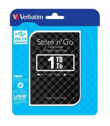 Verbatim 53194 Store "n" Go USB 3.0 Hard Drive, 1 TB, USB 3.2 Gen II, 5400 RPM, Black