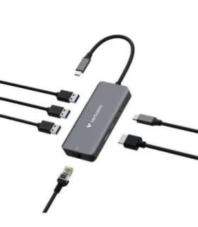 Verbatim 32157 USB-C Essentials Multiport Hub, HDMI 2160p, USB-C PD, 3x USB-A 3.2 Gen 1, RJ-45, Grey