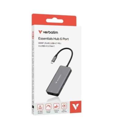 Verbatim 32157 USB-C Essentials Multiport Hub, HDMI 2160p, USB-C PD, 3x USB-A 3.2 Gen 1, RJ-45, Grey
