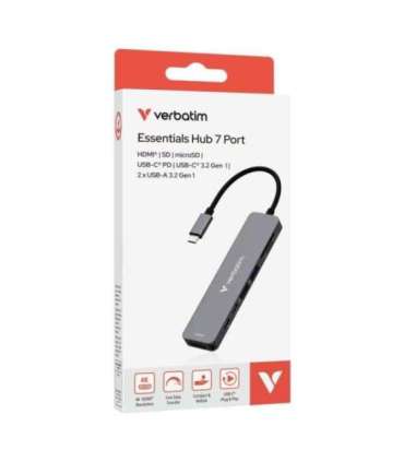 Verbatim 32158 USB-C Essentials Multiport Hub, HDMI 2160p, USB-C, 2x USB-A 3.2 Gen 1, SD & microSD