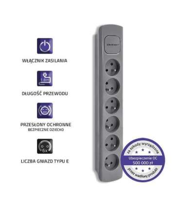 Power strip 6 sockets, 1.8m, Grey